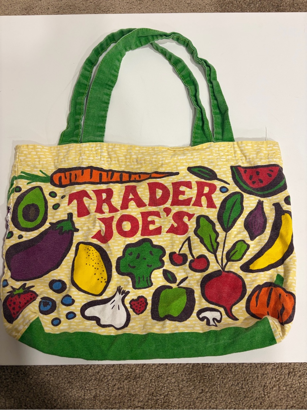 Trader Joe's Yellow Fruit & Vegetable Canvas Tote with Green Handles - Picture 2 of 3